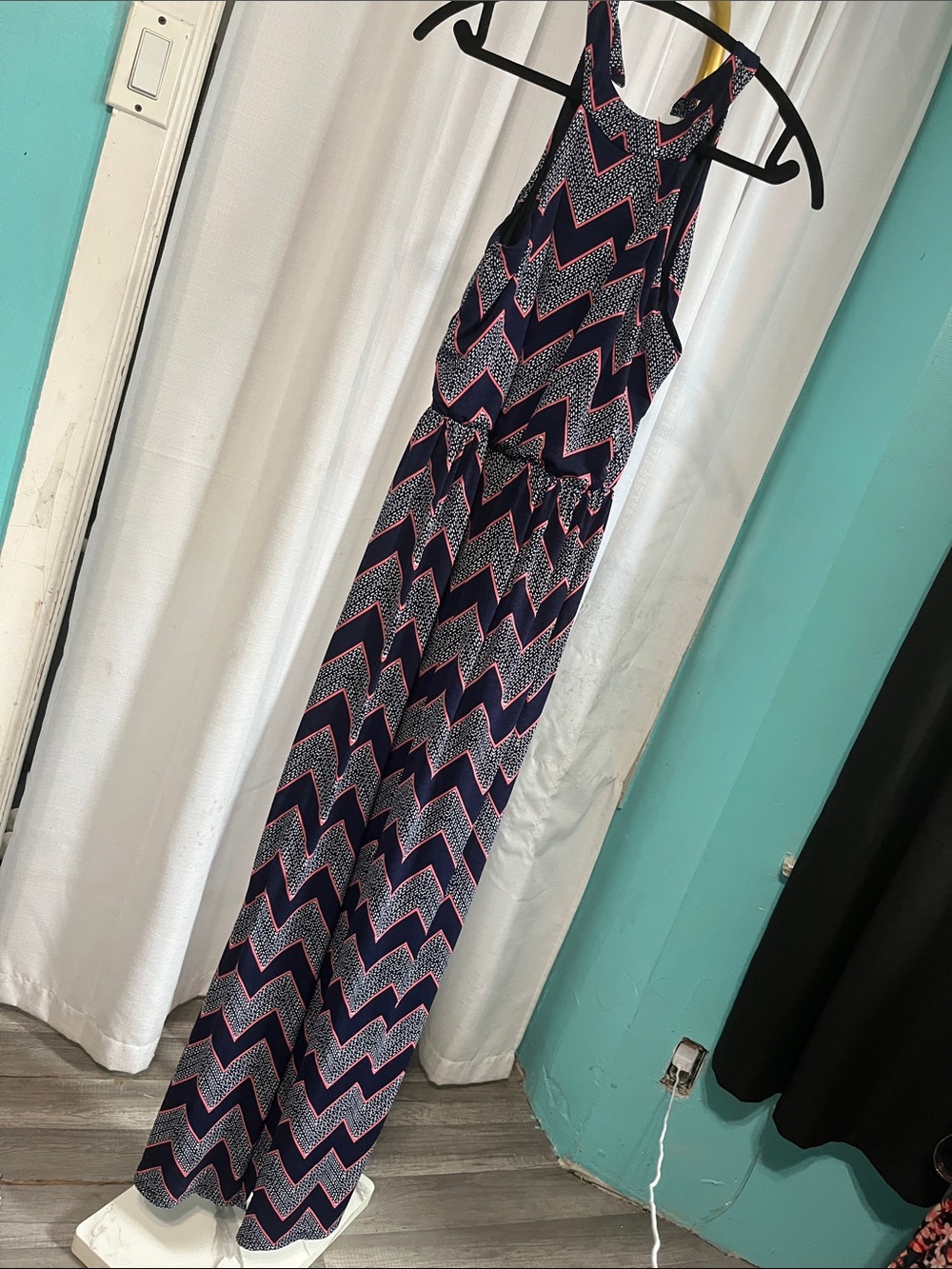 Navy Chevron Print Maxi Dress with Pink Accents